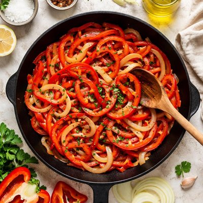 Image of Red Peppers and Onions Sauteed in Olive Oil
