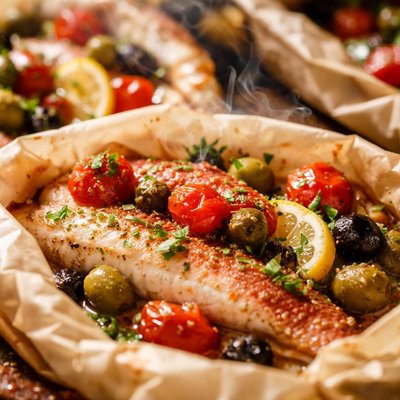 Image of Red Snapper Fillets in Packages with Tomatoes Olives Capers