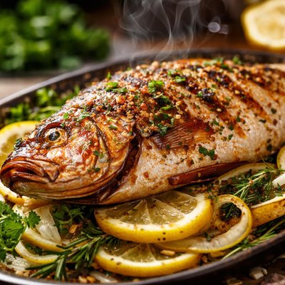 Image of Red Snapper Grilled on Lemon Herbs and Onions