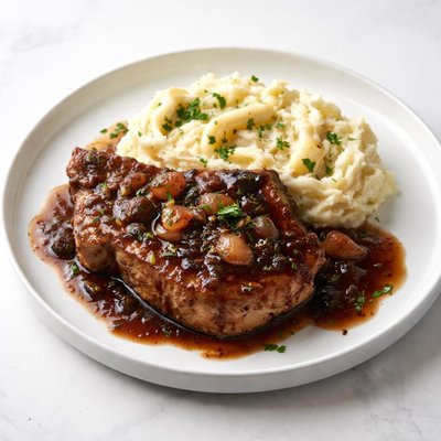 Image of Red Wine Braised Pork Chops W Red Wine Gravy and Garlic Mashed