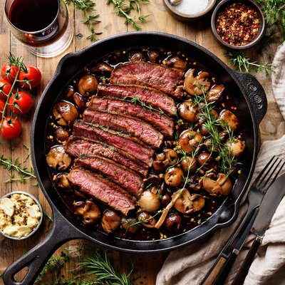 Image of Red Wine Steak and Mushrooms