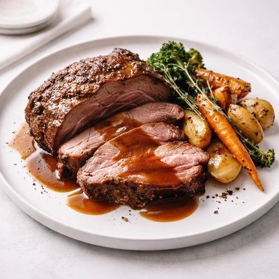 Image of Rib Eye Roast and Oven Browned Vegetables with Easy Savory Sauce