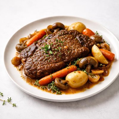 Image of Rib Eye Steak and Vegetables Cooked in a Crock Pot Slow Cooker