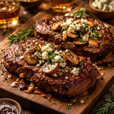 Image of Rib Eye Steaks W Mushrooms Brandy and Blue Cheese