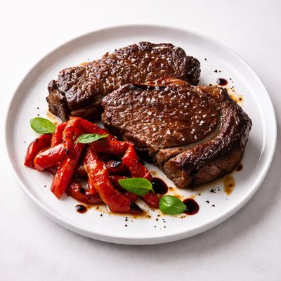 Image of Rib Eye Steaks with Roasted Red Peppers and Balsamic Vinegar