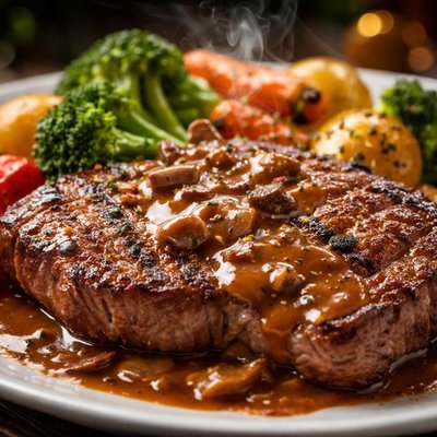 Image of Rib Eyes with Gravy and Vegetables