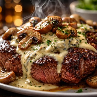 Image of Rib Eyes with Whiskey Blue Cheese Sauce and Mushrooms