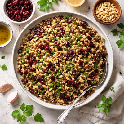 Image of Rice Lentils and Dried Cranberries Garnished with Pine Nuts