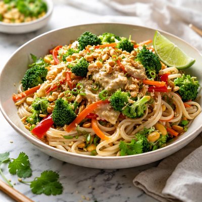 Image of Rice Noodles with Tahini Sauce and Mixed Veggies