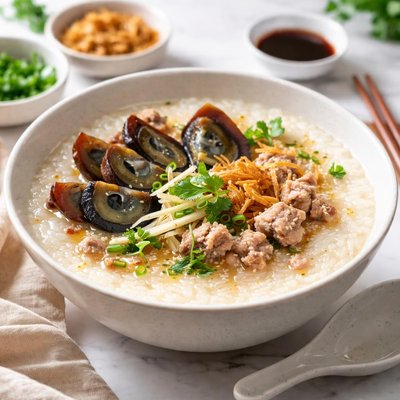 Image of Rice Porridge Congee with Century Egg and Pork or Chicken
