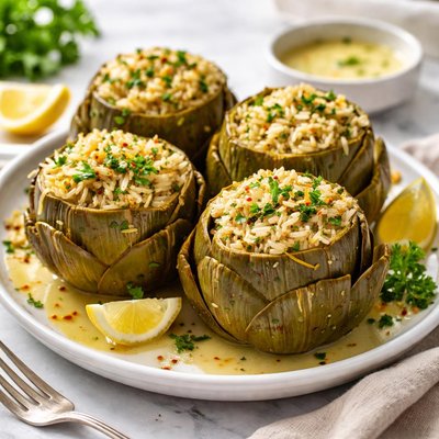 Image of Rice Stuffed Artichokes with Lemon Sauce
