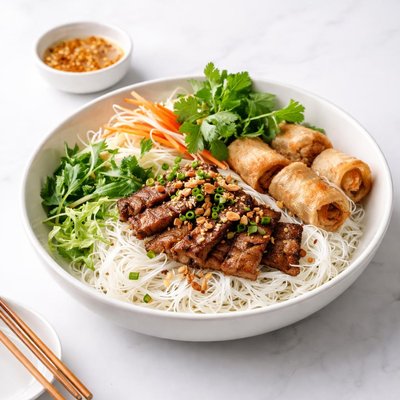 Image of Rice Vermicelli Salad with Grilled Pork and Spring Rolls