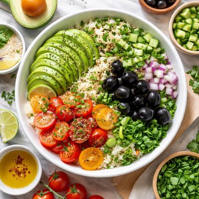 Image of Rice with Tomatoes Avocado Black Olive
