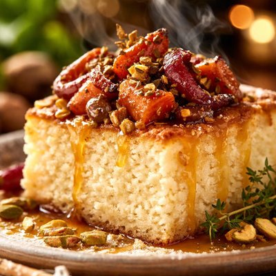 Image of Ricotta Cake with Honey and Cardamom Roasted Vegetables