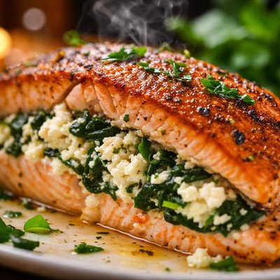Image of Ricotta Feta and Spinach Stuffed Salmon
