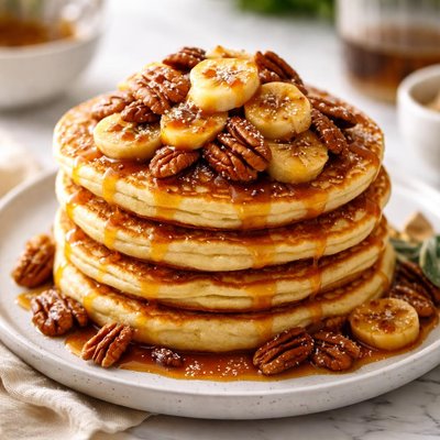 Image of Ricotta Pancakes with Banana Pecan Syrup