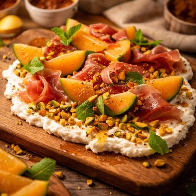 Image of Ricotta with Cantaloupe Pistachios and Prosciutto