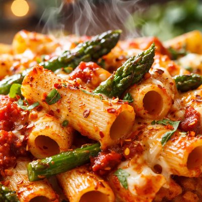 Image of Rigatoni Al Forno Baked Rigatoni with Roasted Asparagus and on