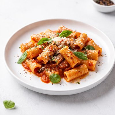 Image of Vegan Rigatoni Pasta with Tomato Sauce and Cheese