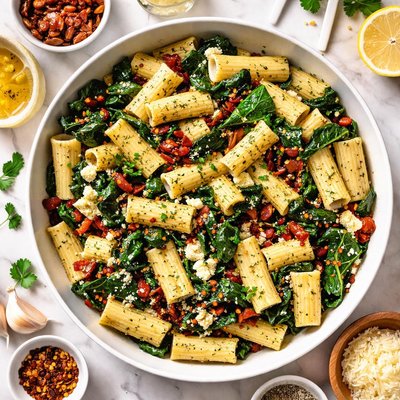 Image of Rigatoni with Goat Cheese Sun Dried Tomatoes and Kale Recipe