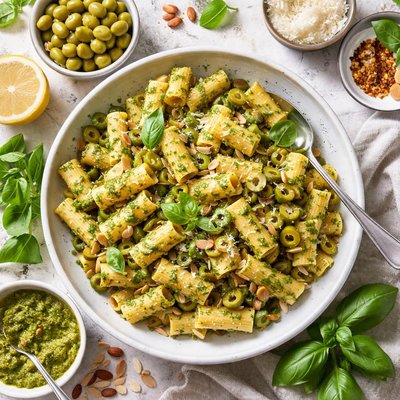 Image of Rigatoni with Green Olive Almond Pesto