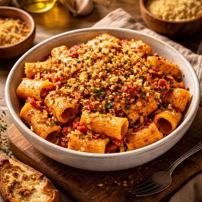 Image of Rigatoni with Red Pepper Almonds and Bread Crumbs