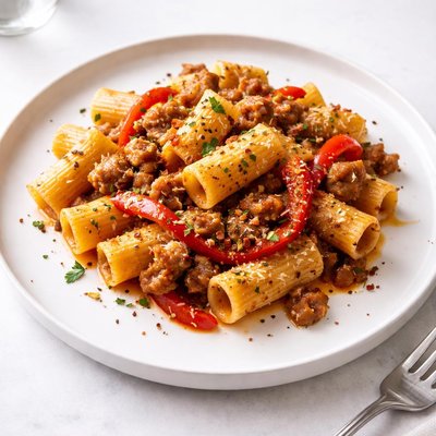 Image of Rigatoni with Sausage and Red Pepper Strips Yummy