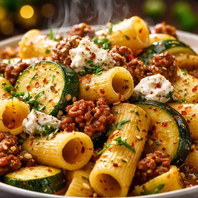 Image of Rigatoni with Summer Squash Spicy Sausage Goat Cheese