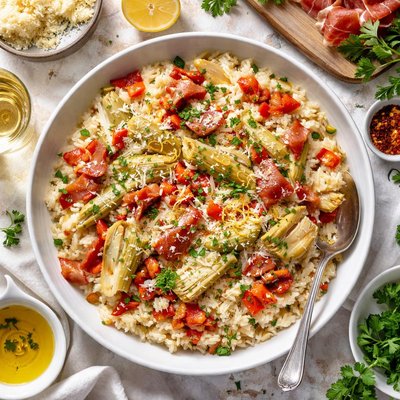 Image of Risotto with Artichoke Hearts Prosciutto and Red Bell Pepper