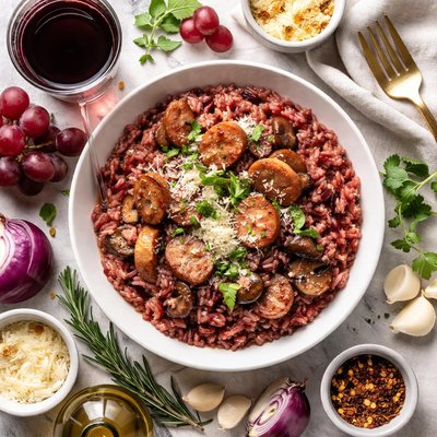 Image of Risotto with Red Wine and Sausages