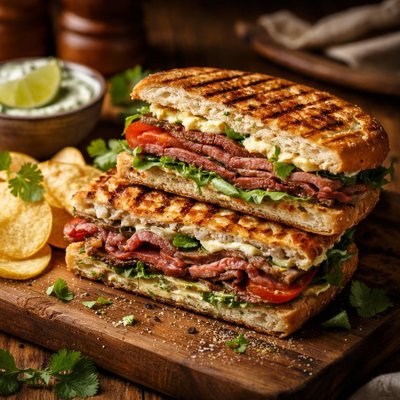 Image of Roast Beef Panini Sandwich with Cilantro Lime Mayo
