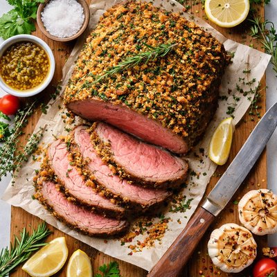 Image of Roast Beef with a Classic Breadcrumb Garlic Herb Crust