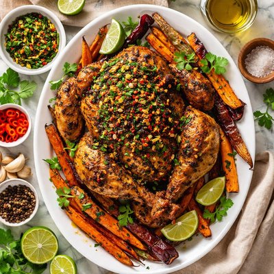 Image of Roast Capon with Chili Cilantro Rub and Roasted Carrots