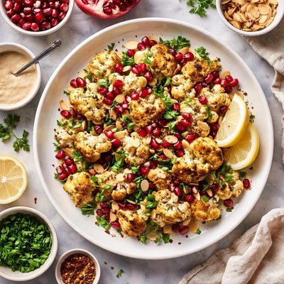 Image of Roast Cauliflower with Almond Pomegranate Seeds and Tahini Sauc