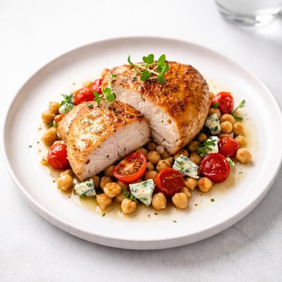 Image of Roast Chicken Breasts with Chickpeas Tomatoes Blue Cheese
