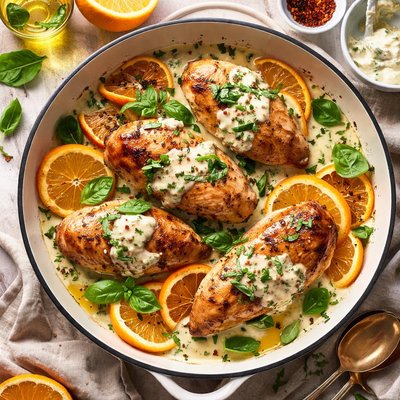 Image of Roast Chicken Breasts with Oranges and Basil Cream