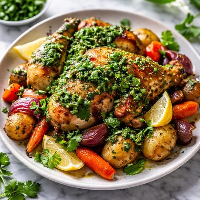 Image of Roast Chicken with Cilantro Pesto and Vegetables