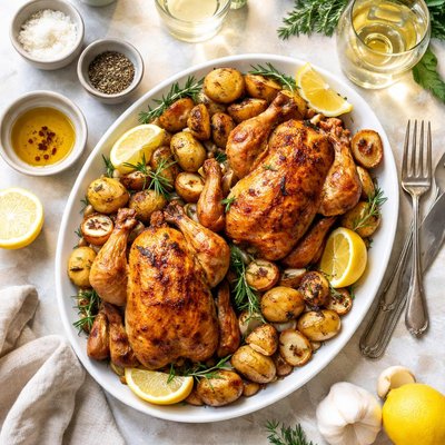 Image of Roast Cornish Hens with Rosemary Potatoes Lemons Wine