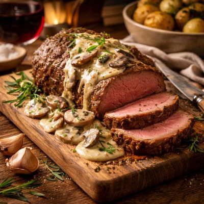 Image of Roast Fillet of Beef with Mushroom Tarragon Sauce