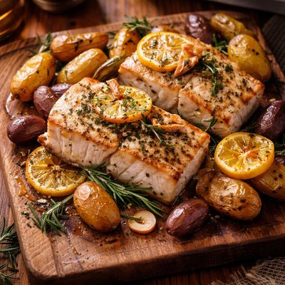 Image of Roast Halibut with Fingerling Potatoes Lemon and Rosemary