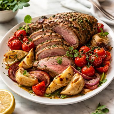 Image of Roast Lamb with Tomatoes and Artichoke Hearts