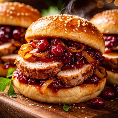 Image of Roast Pork Tenderloin Sliders with Cranberry Sauce and Onions