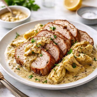 Image of Roast Pork with Artichoke Mustard Sauce