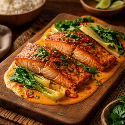 Image of Roast Salmon with Thai Red Curry and Bok Choy