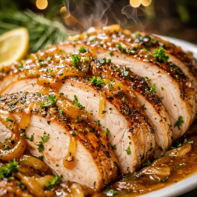 Image of Roast Turkey with Herb Butter and Caramelized Onion Gravy