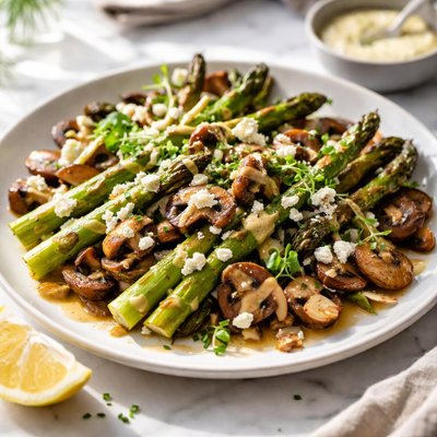 Image of Roasted Asparagus Mushroom Salad with Creamy Mustard Dress