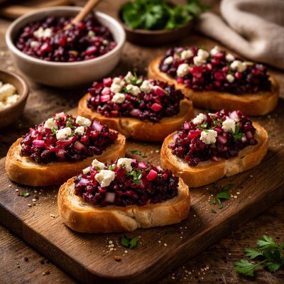 Image of Roasted Beet Relish with Feta on Crostini