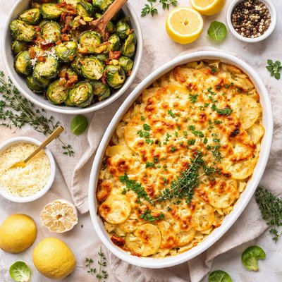 Image of Roasted Brussels Sprouts and Potato Gratin