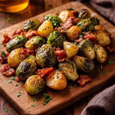 Image of Roasted Brussels Sprouts with Potatoes and Bacon