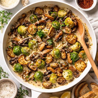 Image of Roasted Brussels Sprouts with Wild Mushrooms and Cream